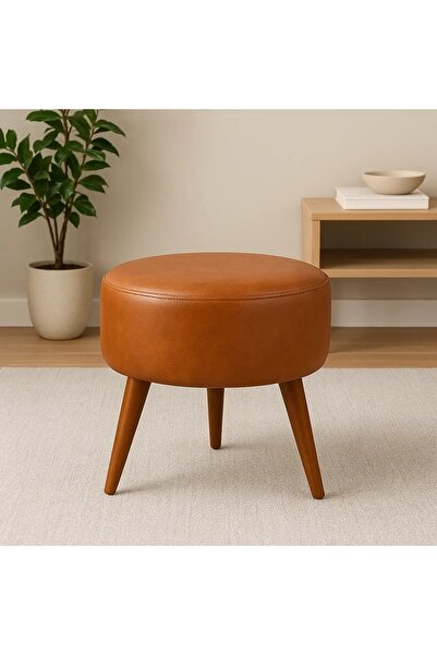 WATERYBROOK Suni Deri Puf - Ceviz Ahşap Ayaklı - Retro Modern Tasarım & Dekor...