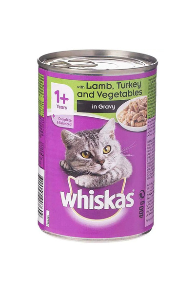 Whiskas طعام قطط بنكهة لحم الضأن والديك الرومي والخضراوات في مرق اللحم، 400 غ...