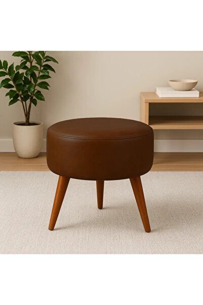 WATERYBROOK Suni Deri Puf - Ceviz Ahşap Ayaklı - Retro Modern Tasarım & Dekor...