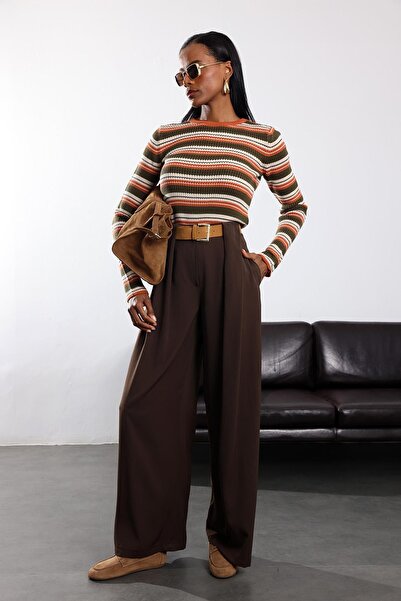 5in1Canpolat Kahverengi Kemerli Palazzo Kumaş Pantolon 3855