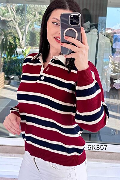 İnce Topuk Polo Neck Striped Knitwear Blouse 6K357
