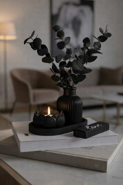 Studio Nova Dekor Siyah Dekoratif Vazo & Lotus Mumluk Seti – Modern Minimal S...