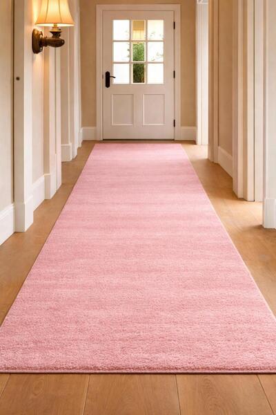 BESELY Pembe Kaymaz Taban Özel Ölçü Peluş Yıkanabilir Yumuşak Tüylü Halı Yoll...