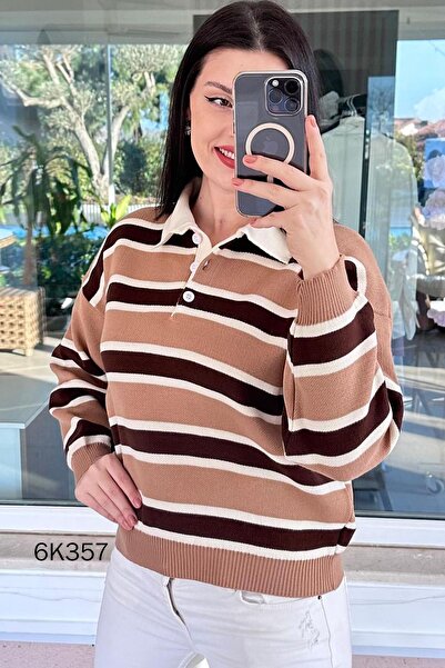 İnce Topuk Polo Neck Striped Knitwear Blouse 6K357