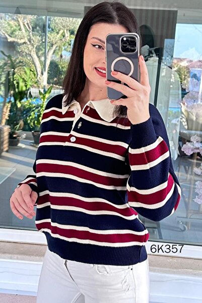 İnce Topuk Polo Neck Striped Knitwear Blouse 6K357