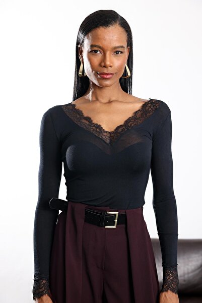 5in1Canpolat Black Lace Modal Cashmere Long Sleeve Blouse