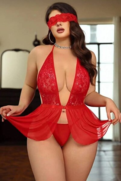 Wesby Büyük Beden Önden Baglamalı Dantel Gecelik Tanga Göz Bandajlı Takım