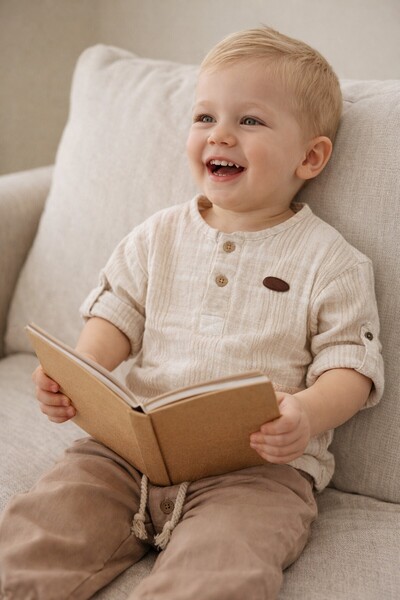 Babyhola Eid Season Baby Boy Double Set Foldable Sleeves Muslin Top and Pants...