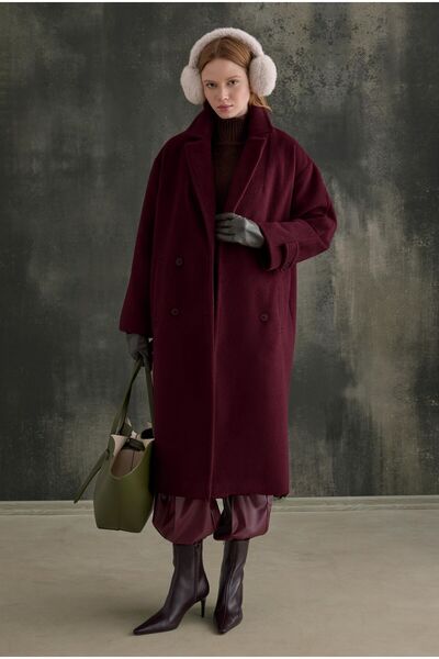 HEQA Double-Breasted Long Coat Burgundy