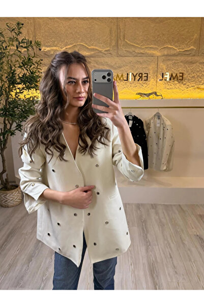 EMEL ERYILMAZ Zımba Detaylı Blazer Ceket Siyah/Beyaz