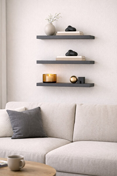origa , Antrasit mdf , Gizli Montajlı Duvar Rafı 50x15cm 3 Adet Raf