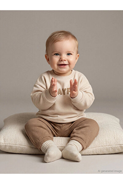 LC Waikiki Lcw Baby Beige Text Printed Baby Boy Sweatshirt and Sweatpants