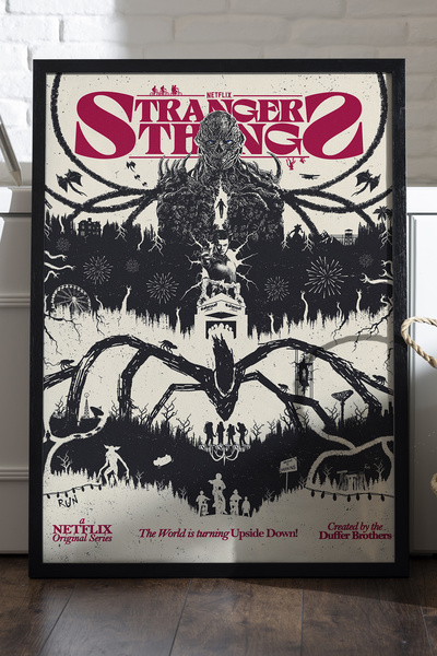 Duvarda Stranger Things Siyah Ahşap Çerçeveli Poster, Dizi Duvar Tablosu