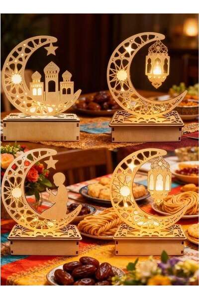 Generic 4Pcs Wooden Pendant Ramadan Decorations Lights