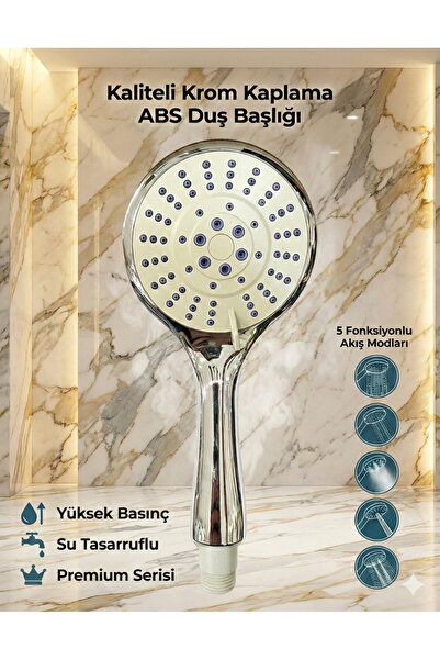 Plodna House Elvis Gri 5 Fonksiyonlu Büyük Boy Yüksek Basınçlı Duş Başlığı