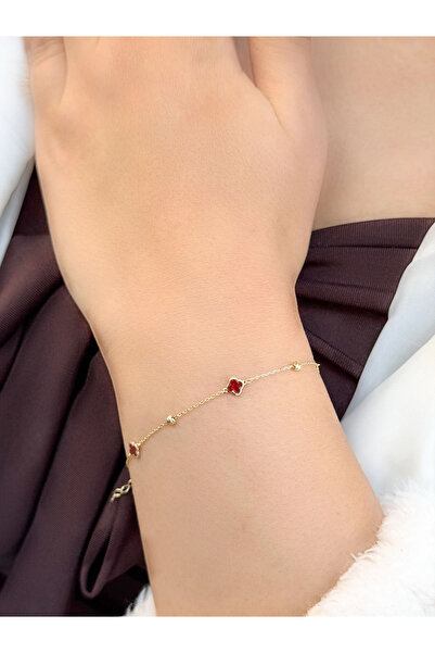 UZUNDAĞ KUYUMCULUK 14 Ayar Altın Kırmızı Mineli Yonca Bileklik