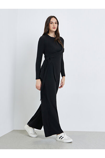 Styli Women Black Ribbed Knit Wide Leg Trousers