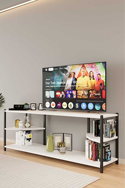WOODENSA Tv Sehpası 2 Raflı Tv Ünitesi Metal Kitaplıklı Televizyon Sehpası
