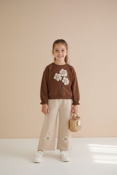 Cansın Mini Κοριτσίστικο Σετ 2 τεμαχίων με καφέ λουλουδάτο κέντημα και τζιν π...