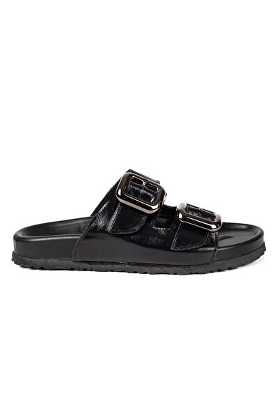VİVENS MODA Women's Black Double Buckle Orthopedic Daily Slippers