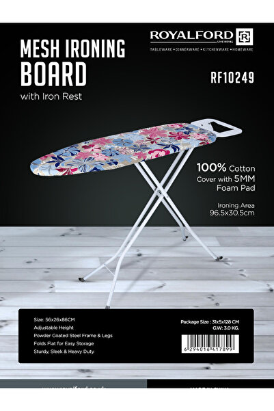 ROYALFORD Mesh Ironing Board with Iron Rest, 100% Cotton Cover RF10249