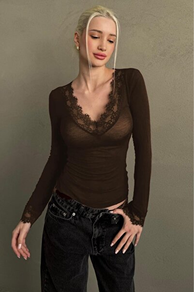Madmext Brown V-Neck Lace Transparent Women Blouse Mg2662