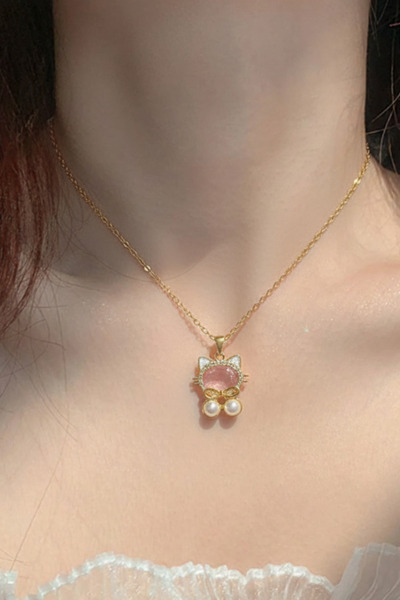 Elifsu Jewelry Hello Kitty Bow Pearl Detailed Steel Necklace