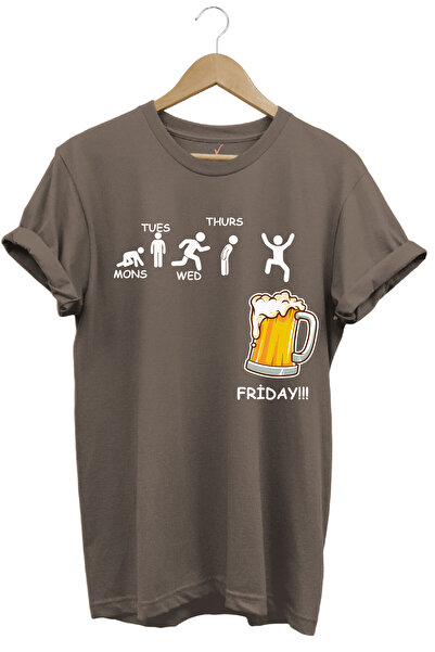 WİDİ Days of the Week Beer Printed Friday Beer 100% Cotton Regular Fit Crew N...