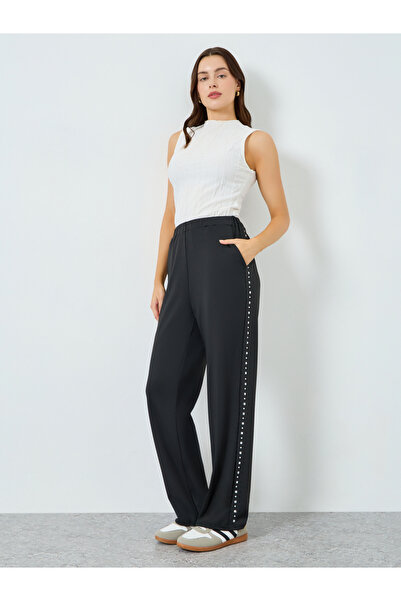 Styli Women Black Side Rhinestone Wide Leg Pants