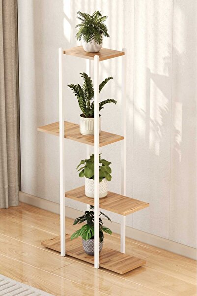 WOODENSA Dekoratif 4 Raflı Metal Çiçeklik Saksı Standı Saksılık Çam