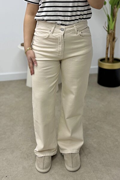 CHUL KADIN EKRU BOL PAÇA KOT PANTOLON - JEAN - GENİŞ BEDEN ARALIĞI