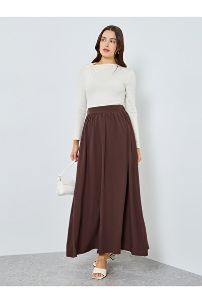 Styli Women Brown Solid A-Line Ruffled Maxi Skirt