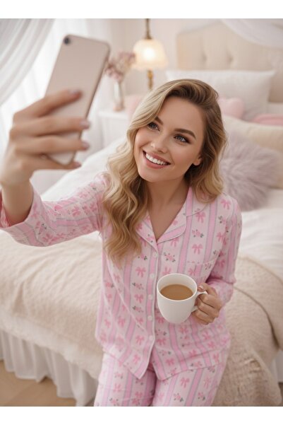 Suzora Floral & Bow Pattern Coquette Aesthetic Long Sleeve Women Pajama Sets-...