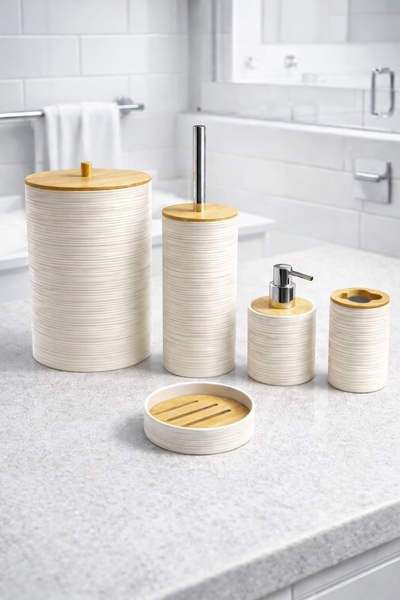 Evsun Home Collection طقم حمام من الخيزران 5 قطع دائري الشكل