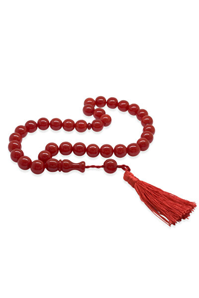 Tesbihane سبحة عنبر مصقولة - بشرابة على الطراز العثماني - لون أحمر - قطع كروي