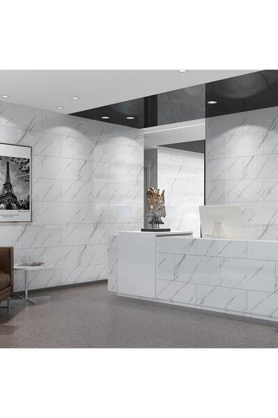 Renkli Duvarlar CF-1035 30x60cm Beyaz Mermer Desenli Yapışkanlı Seramik Köpük Banyo WC Kaplama Duvar Paneli Kağıdı