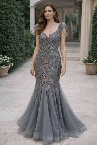 Saygın Sequin Embroidered Evening Dress