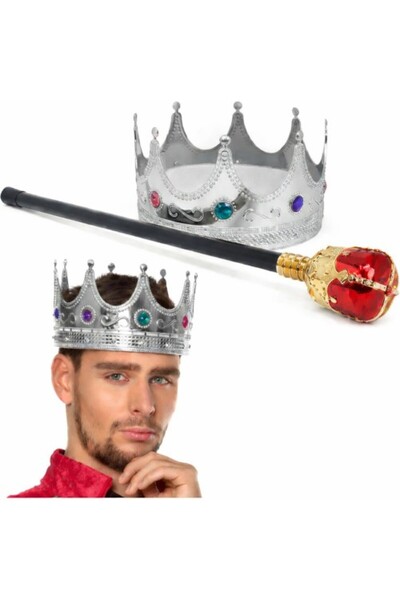 Fırsatkolik Silver King Crown Royal Crown 60 cm and King Scepter Set with Red...