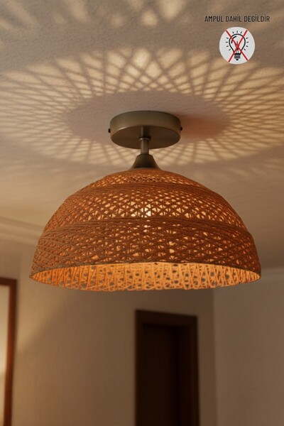 Bamyum Bohem Recycle İplik Jüt El Yapımı Turuncu Piramit Plafonyer Başlık Tek...