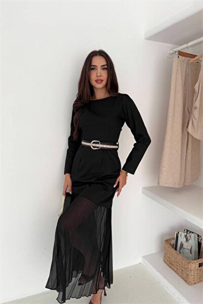 Dipmoda Rochie neagră plisată detaliu la curea cu aspect de fustă pentru feme...