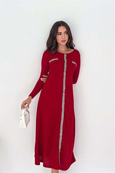 Dipmoda Rochie de damă casual cu mânecă lungă detaliu cu dungi roșie piatră l...