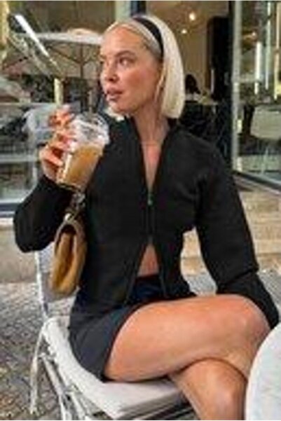 Seeh Black Double Zipper Mock Neck Women's Knitwear Cardigan Sh348