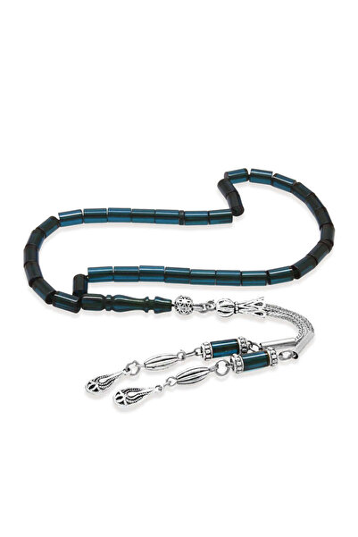 Tesbihane Fire Amber Prayer Beads - Non-Tarnish Metal with Tassel - Blue Colo...