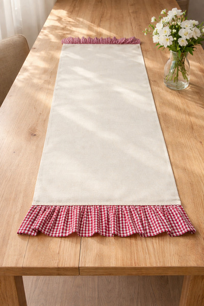 ŞAH TEXTILE DESIGN Pötikare fırfir detay yıkanmış premium keten runner