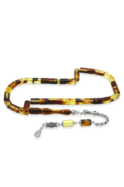 Tesbihane Fosilli Beyrut Kehribar Tesbih - Kararmaz Metal Püsküllü - Sarı Siy...