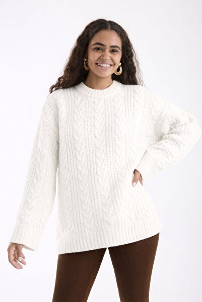 İLKCET MODA Thessaloniki Knit White Oversized Knitwear Women's Long Sweater