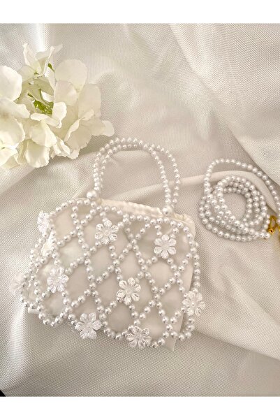 Hümzeyy home Beyaz renk çiçekli inci çanta diğer ürünlerle birlikte almayınız