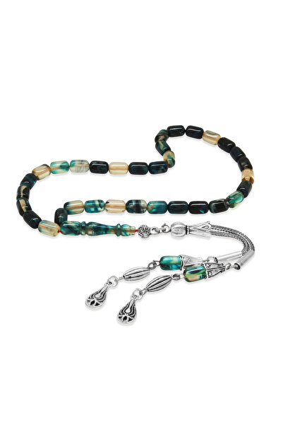 Tesbihane Fire Amber Prayer Beads - Non-Tarnish Metal Drop Tassel - Blue and ...