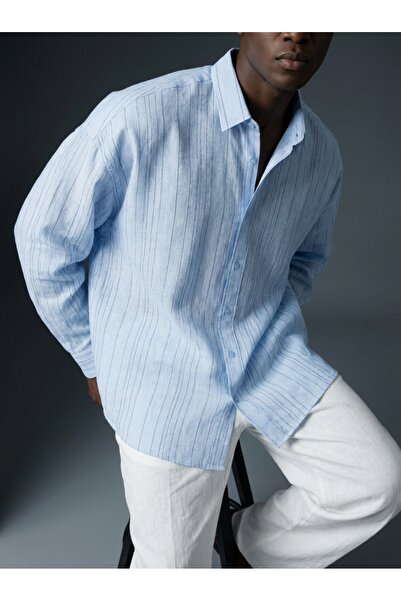 KHAYN ERKEK ÇİZGİLİ OVERSİZE MODAL KUMAŞ UZUN KOLLU ÜTÜSÜZ BASİC GÖMLEK K3009G