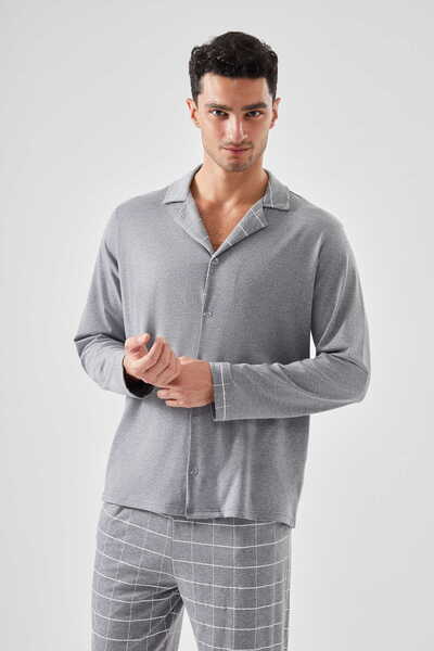 koza iç giyim Men's Cotton Grey Plaid Patterned Long Sleeve Pocket Detailed S...